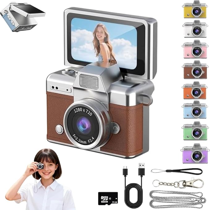 Mini Keychain Digital Camera Retro Mini Digital Video Camera Small bodycam 1080P FHD Recording with 0.96" IPS Screen with 6 Retro Filters AVI Format-Ideal for Phone Transfer (Brown, 32G)