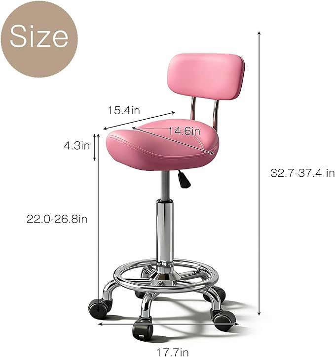 Saddle Stool with Ring Pedal and Back, Adjustable Hydraulic Rolling Chair with Wheels for Medical, Massage, Salon, Spa, Kitchen, and Drafting Use