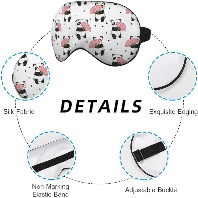 Cute Panda Bears Silk Eye Mask Sleep Mask Dandelion Pink Flower Cute Cartoon Eye Mask with Adjustable Strap Lightweight for Women Work Travel Night Sleep