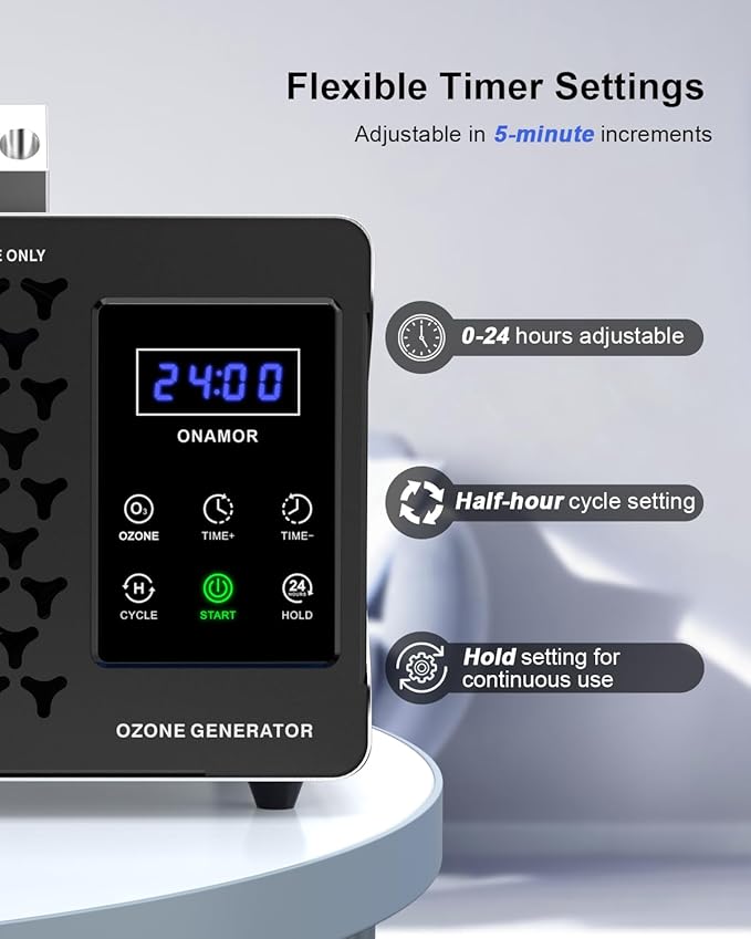 ONAMOR Digital Ozone Generator Odor Eliminator 180,000mg, High Capacity Ozone Machine Odor Removal Up to 8,000 Sq.Ft, Ozone Odor Eliminator, Ionizer Ozonator for Home, Car, Smoke, Pet Room (Sliver)