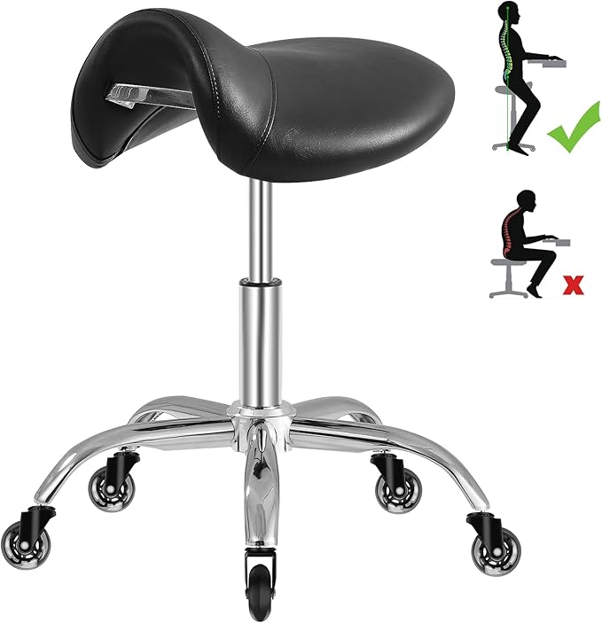 SALONFACTORY Saddle Stool with Wheels 300 lbs Weight Capacity, Heavy Duty Rolling Stool for Medical Massage Salon Kitchen Spa Drafting Nail-Tech,Height Adjustable,360 Swivel,Wide Thick Seat Padding