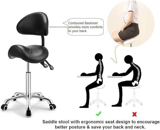 Kaleurrier Saddle Stool Rolling Swivel Height Adjustable with Wheels,Heavy Duty Anti-Fatigue Ergonomic Saddle Chair for Hair Beauty Salon Lab Dental Massage Office Home Kitchen(with Back, Black)