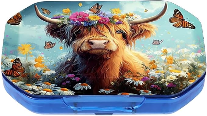 This Portable Cute Cow Among The Butterfly Flower Pattern 6 Compartment Pill Box Can Be Placed in A Pocket Or Wallet to Store Vitamins, Medicines Health Supplements Other Medications.