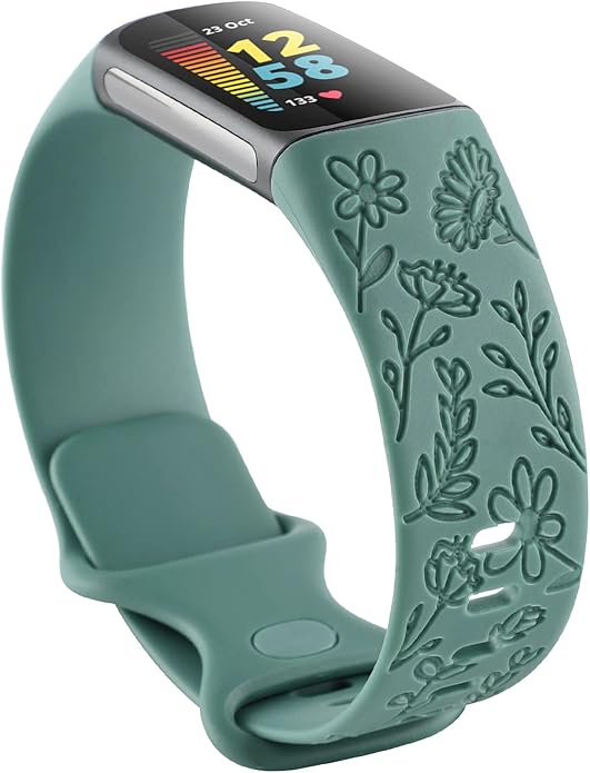 Flower Engraved Bands Compatible with Fitbit Charge 5 Band/Charge 6 Bands Women Cute Floral Engraving Soft Silicone Sport Strap Replacement Wristband for Fitbit Charge 5/6 Tracker Accessories