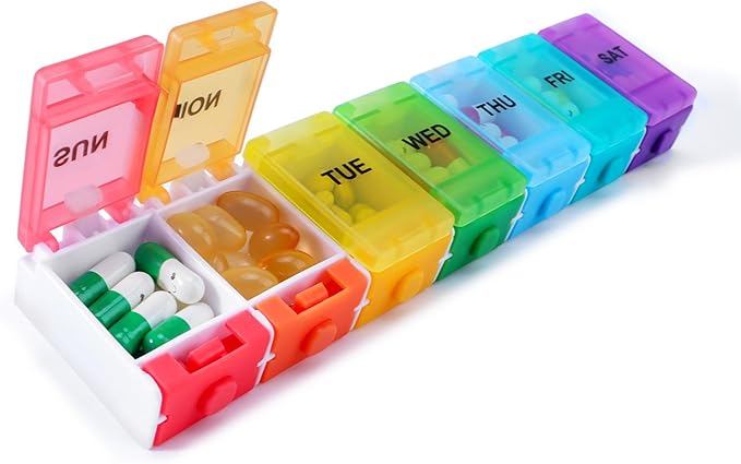 Weekly Pill Organizer, 7 Day Medicine Box with Push Button Design, BPA Free Travel Pill Box Case with Spring Open Design and Large Capacity for Vitamins and Supplements, Rainbow Colors
