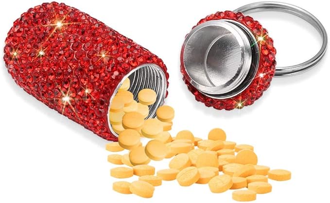 Portable Pill Case Pill Container Waterproof Pill Holder with Keychain Bling Pill Box Medicine Dispenser Bottle Storage for Outdoor Camping Travel (Red)