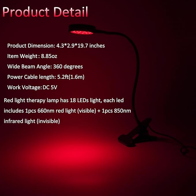 Red Light Therapy for Face and Body, 18 LEDs 660nm Red and 850nm Near Infrared LED Red Light Therapy Light with Angle Adjustable and Clip, Suitable for Body at Home Skin Care Pain Relief