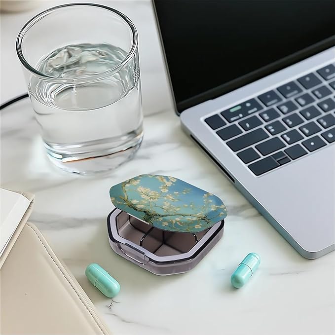This Portable Almond Blossoms Pattern 4 Compartment Pill Box Can Be Placed in A Pocket Or Wallet to Store Vitamins, Medicines Health Supplements Other Medications.