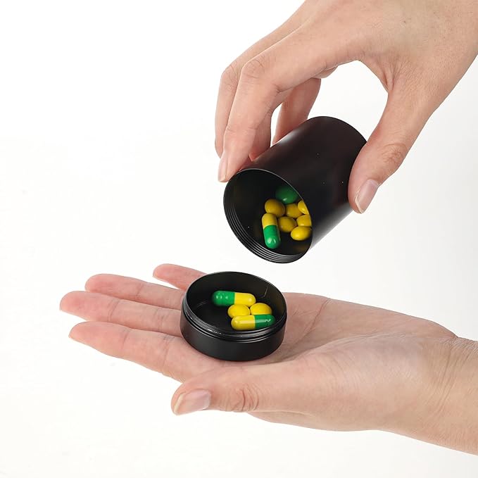 2pcs Portable Metal Pill Organizer, Round Daily Pill Box Holder Pocket Small Pill Case Medicine Organizer Vitamin Bottle Containers for Traveling Outdoor Fish Oils Supplements (Black+Silver)