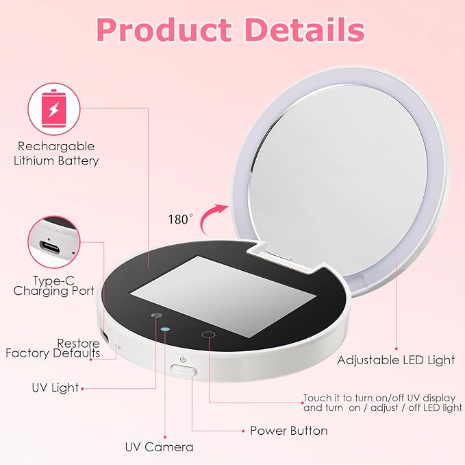 UV Camera for Sunscreen Test UV Mirror Sunscreen Camera, 3.8 Inch Rechargeable 2X Magnifying Vanity Mirror with Light Handheld Double-Sided Pocket Mirror for Skin Protection(White)