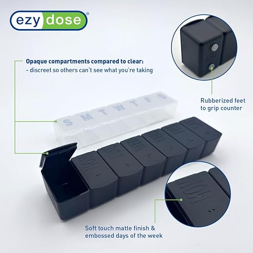 EZY DOSE Weekly (7-Day) Daily Pill Case, 2-Pack of Embossed Matte Pill Case, Daily Medicine & Vitamin Organizer Box, Large Easy-Open Compartments, BPA-Free Medication Planner for Travel, Cream & Black