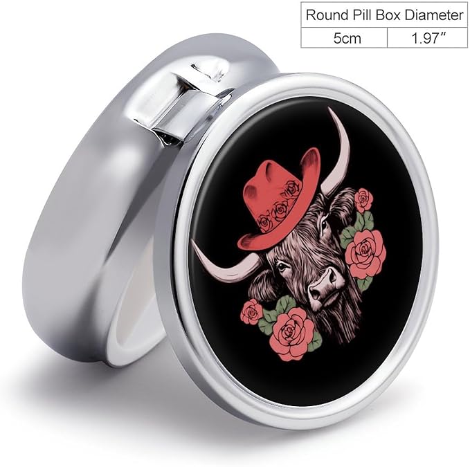 Highland Cow Round Pill Case Mini Pill Box Portable Medicine Organizer Pill Container for Travel