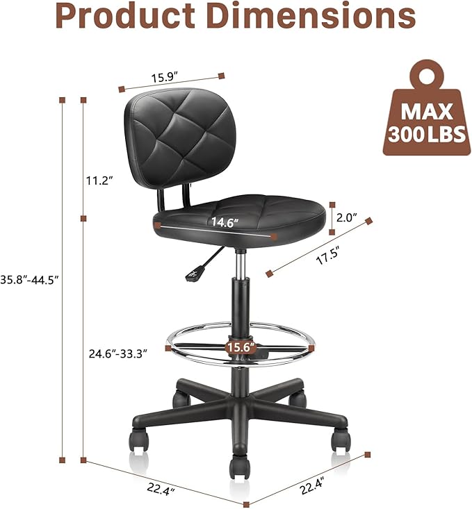 Leather Drafting Stool Chair with Ergonomic Backrest & Footrest, Padded Seat Adjustable Height 360° Swivel Rolling Stools, Tall Office Chair for Standing Desk, Shop, Drawing, Work, Black