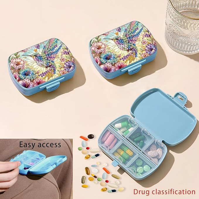 C'eitura DIY Hummingbird Diamond Art Painting Blue Pill Organizer with 6 Lid Detachable Compartments, Fun DIY Craft Project for Adults, Elegant Pill Case for Purse & Travel