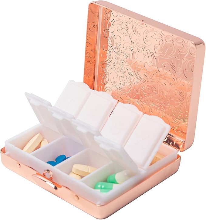 Fashion Elegant Medicine Portable Double Protection Switch Metal Travel Pill Box (7 Days) /8 Compartment (Pink)