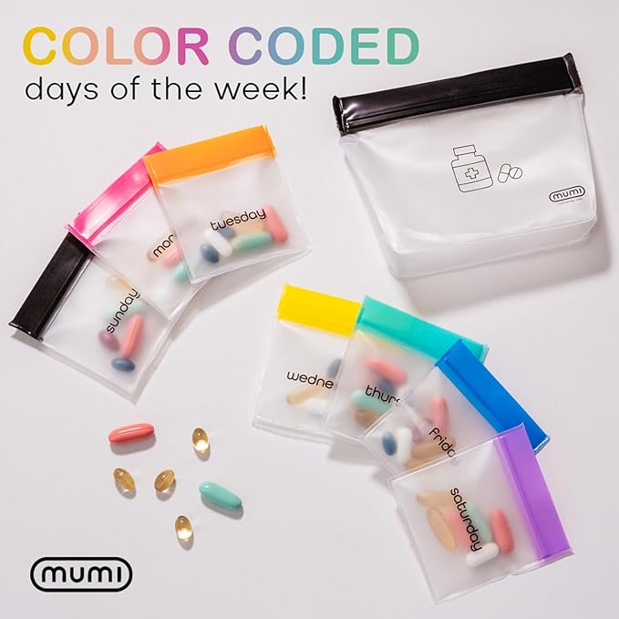 MUMI Pill Pouch Set, Travel Pill Organizer 7 Mini Zipper Pouches, Small Pill Bags, Reusable Pouches for Medicine Travel, Pocket Pill Organizer, Purse Accessories, Vitamin Organizer