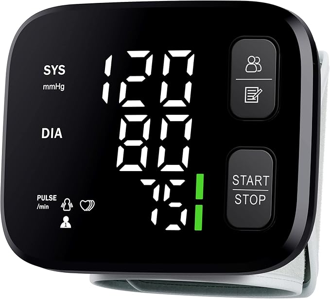 Blood Pressure Monitor LED Backlit Display Automatic Wrist Cuff Blood Pressure Monitors for Home Use 120x2 Reading Memory with Carrying Case, Black