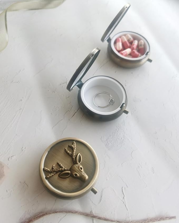 Antique Pill Box Travel Pill Case - Cute Daily Pill Organizer Small Pill Box for Purse, Mini Pocket Pill Case, Round Metal Pill Organizer (Deer)