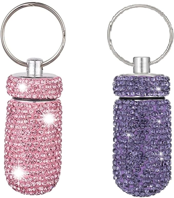 2 Pcs Pill Holder Keychain, Bling Aluminum Medicine Holder Pill Container Mini Size Waterproof and Light Weight Portable Pill Bottle Case (Pink+Purple)