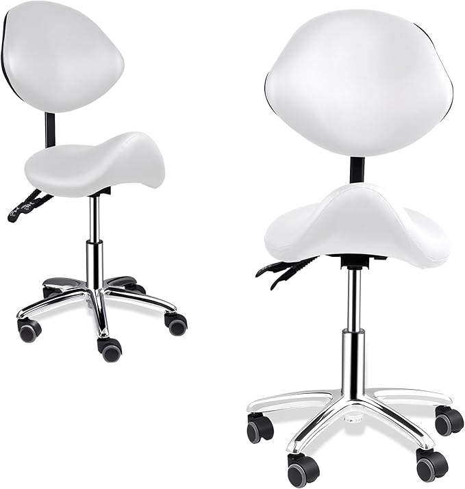 Upgrade Saddle Stool with Back Support, 400lbs Adjustable Salon with Wheels, Wide Thick Seat Padding, Ergonomic Esthetician Seat for Home Office Salon Shop Dentist Clinic, for People 5 Ft To6 Ft Tall