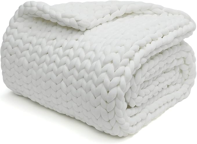 YnM Knitted Weighted Blanket, Hand Made Chunky Knit Weighted Throw Blanket for Sleep or Home Décor, Rest and Relax in Style Handmade Weighted Blankets (White, 80''x87'' 25lbs)