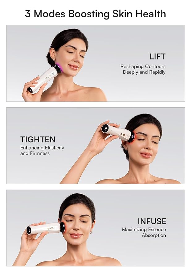 INIA 3-in-1 Skin Tightening Device True Beauty Glow Facial Massager Red Light Therapy for Face and Neck