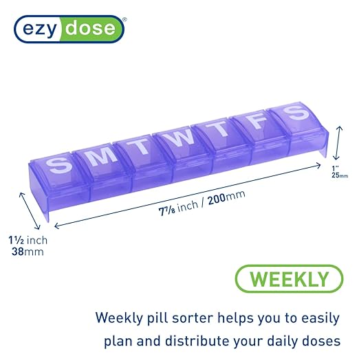 EZY DOSE Weekly (7-Day) Pill Case, Medicine Planner, Vitamin Organizer, X-Large Contoured Compartments for Easy Pill Removal, Color May Vary, BPA Free