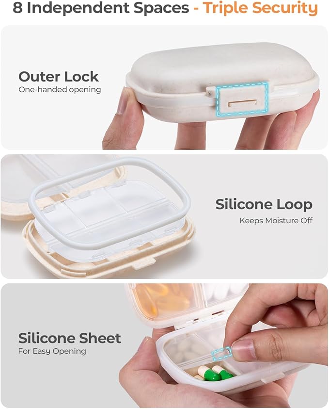Travel Pill Organizer, 6+2 Extra Large Compartments Portable Pill Case, Daily Pill Box to Hold Vitamins, Small Pill Container for Pocket Purse Medicine Organizer（Beige）