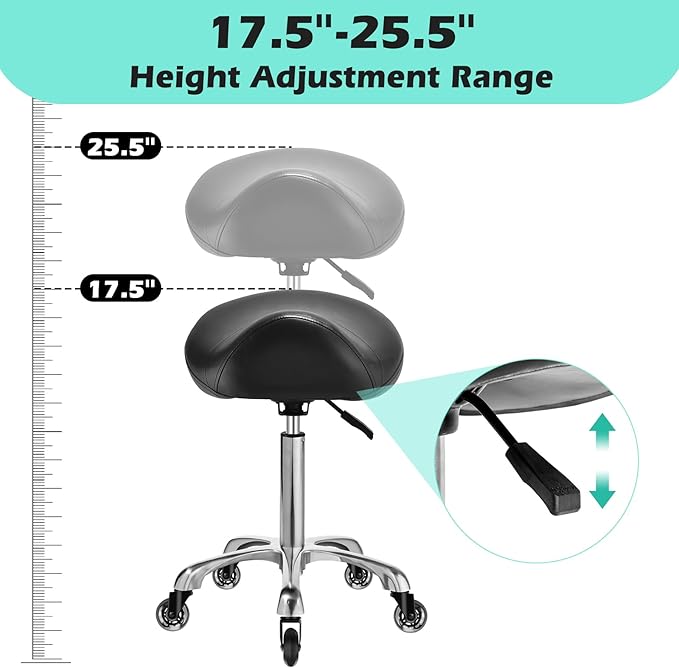Saddle Stool Chair with Wheels, Ergonomic Thicker Saddle Seat Design for Healthy Sitting Posture, PU Leather, Rolling Saddle Stool with Silent Rubber Wheels Adjustable for Salon Massage Home, Black