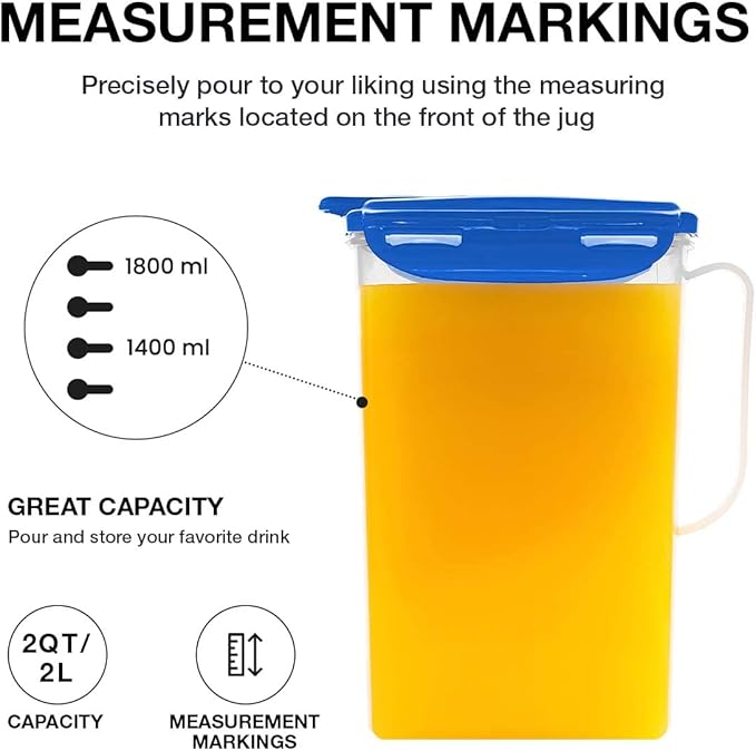 LocknLock Aqua Fridge Door Water Jug with Handle BPA Free Plastic Pitcher with Flip Top Lid Perfect for Making Teas and Juices, 2 QT, Blue (Pack of 5)