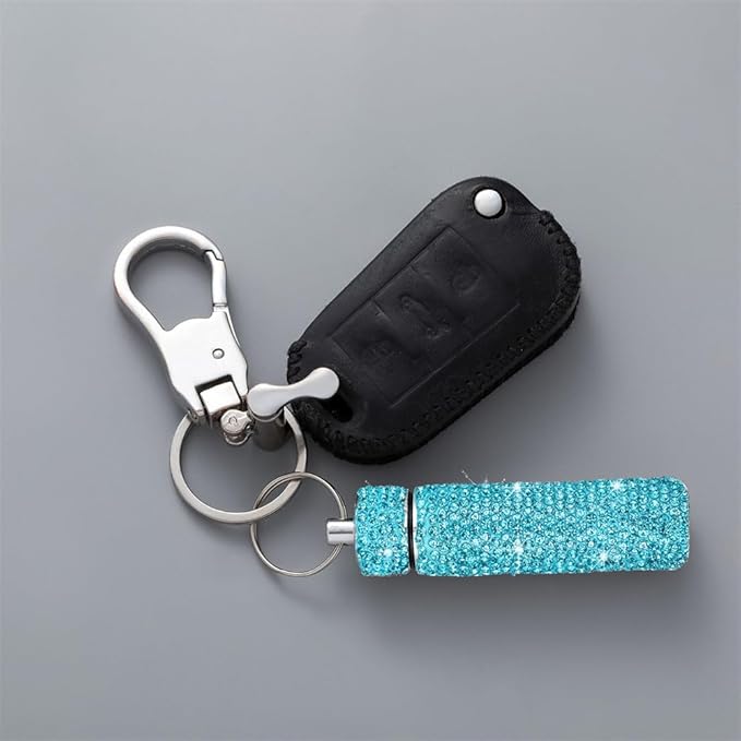 Bling Rhinestone Pill Case Portable Waterproof Pocket Pill Holder Bottle Storage with Keychain for Travel, Outdoor, Camping (lake blue)