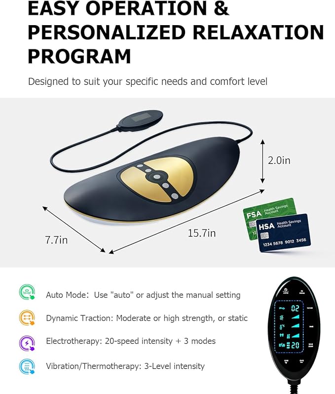 Lumbar Traction Device, Electric Lower Back Stretcher Device with Dynamic Airbag, 3 Level Vibration Massage, Adjustable Temperature from 113 to 131℉ (45 to 55℃), Easy to Use
