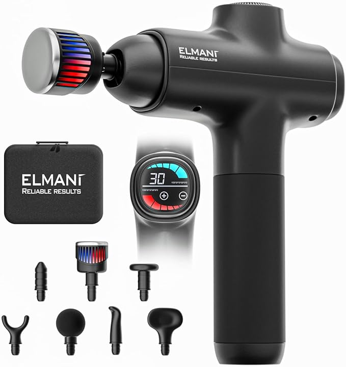 ELMANI Massage Gun for Deep Tissue,30 Speed Levels,2800 RPM,Hot & Cold Massage Head,6 Massage Heads,Quiet Motor,Long Battery Life,Black