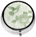 Metal Pill Organizer - 3-Compartment Mini Round Pill Case for Pocket & Purse, Portable Vitamin Holder, Easy-Open Design for Travel - Green Hummingbird Flower