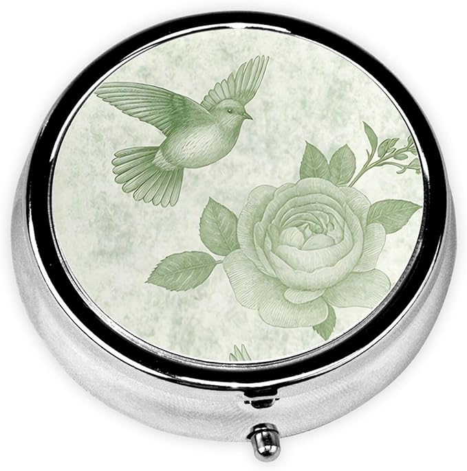 Metal Pill Organizer - 3-Compartment Mini Round Pill Case for Pocket & Purse, Portable Vitamin Holder, Easy-Open Design for Travel - Green Hummingbird Flower