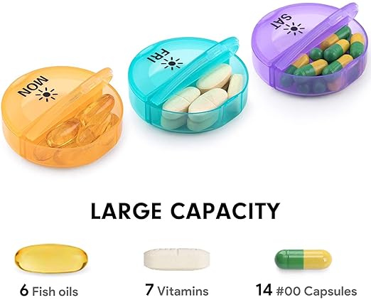 Daily Pill Organizer (Twice-a-Day) - Weekly AM/PM Pill Box, Round Medicine Organizer, 7 Day Pill Container, Vitamin Organizer for Vitamin Fish Oils Supplement