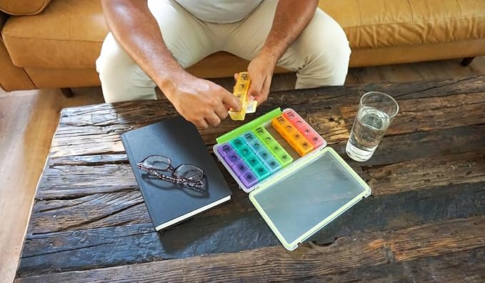 Ezy Dose Weekly (7-Day) Pill Case, Medicine Planner, Vitamin Organizer Box, Convenient and Easy to Use, X-Large Pop-Out Compartments, 4 Times a Day, Rainbow Lids with Case, BPA Free