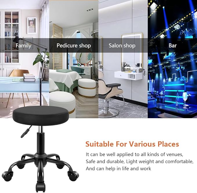 KKTONER Round Stool Rolling Stools PU Leather Height Adjustable Stool with Wheels Swivel Spa Drafting Work Chair Small (Black)