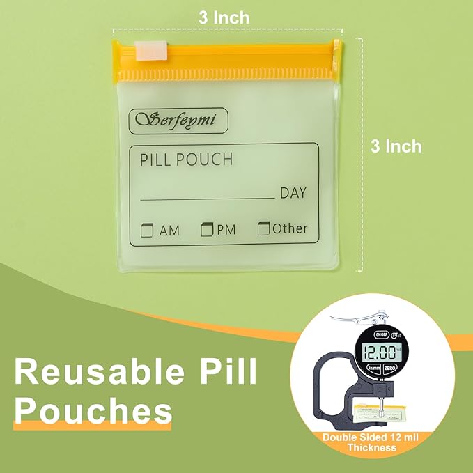 Serfeymi 32 Pcs Pill Pouch Bags for Travel Reusable Plastic Bags 3 x 3 Inches 12 mil (Double Sided) Translucent Zippered Pill Pouches for Medicine with Slide Lock & Writable Label，1 Pc Marker - Yellow