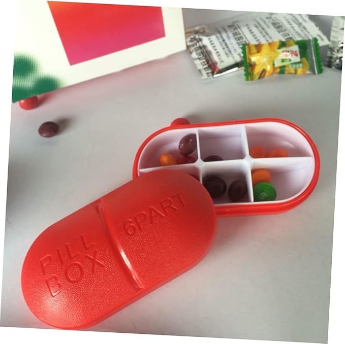 Healifty 6-Compartment Medicine Organizer Red Pp Abs Child-Friendly Portable Daily Pill Box for Travel Home