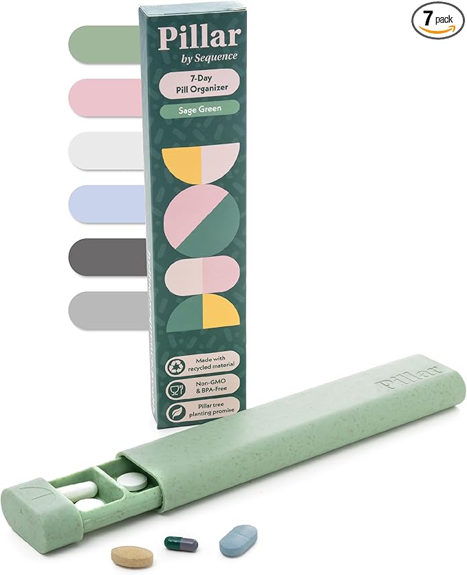 Pillar - 7-Day Pill Organizer | Weekly Medicine Pill Container Travel Box - Aesthetic Medication Holder - Stylish Travel Pill Case - Cute Small Medication Organizer 7 Day for Women (Sage Green)