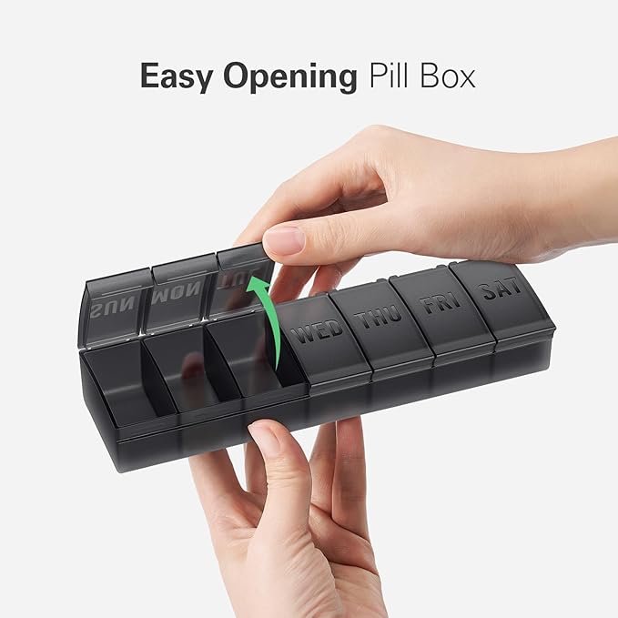 Large Pill Organizer 2 Pack, Easy-Open Weekly Pill Organizer, XL Daily Pill Organizers, 7 Day Medicine Pill Organziers, Medicine Box 7 Day for Large Vitamin Supplements (Double Black)