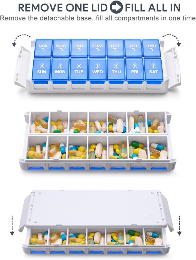 TookMag Weekly Pill Organizer 2 Times a Day, Easy Fill AM PM Pill Box, Large Capacity Quick-Refill 7 Day Pill Cases for Pills/Vitamin/Fish Oil/Supplements (Patent Registered) (Blue)