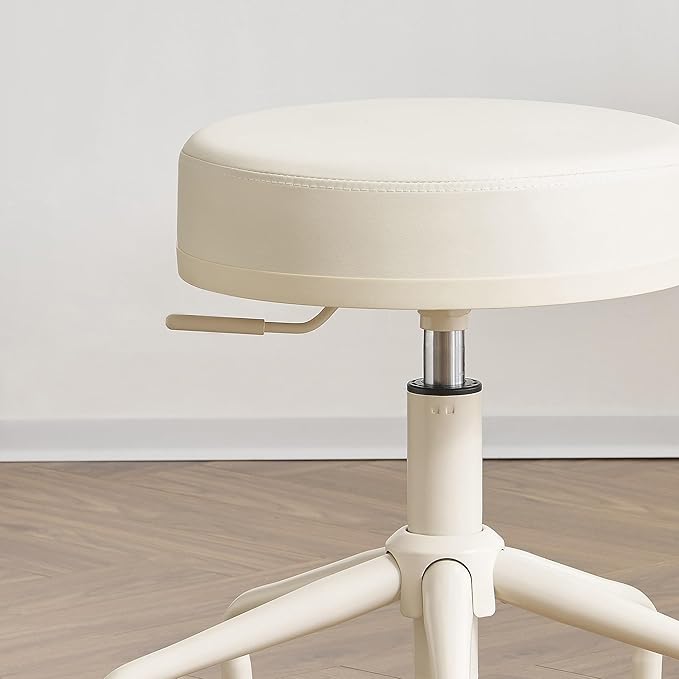 Adjustable Height Hydraulic Rolling Swivel Stool Chair with Metal Base and Faux Leather Cushion for Salon, Medical, Office and Home, 503 Kai Series - Round Seat, Vanilla