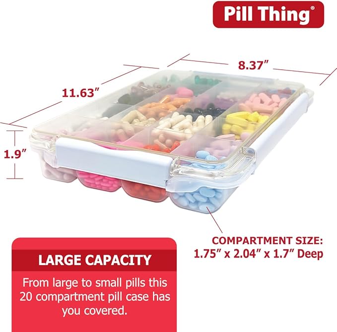 20 Compartment Large Pill Case with Airtight Seal - Silicone Gasket Waterproof Med Box with Medication Map (Combo Pack - 20 & 12)
