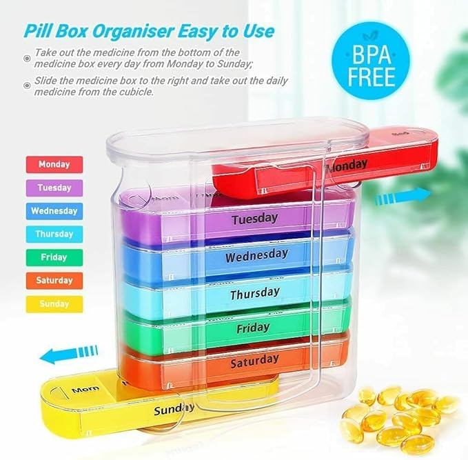 Weekly 7 Day Pill Organizer, Travel Pill Box, Pill case, Medicine Organizer, Pill Container, Pillbox 7 Day, Pill Dispenser, Medication Organizer, Pill Organizer Weekly