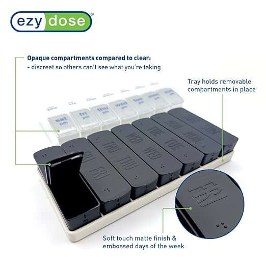 EZY DOSE Weekly (7-Day) AM/PM Daily Pill Case, Embossed Matte Pill Case, Daily Medicine & Vitamin Organizer Box, Large Easy-Open Compartments, BPA-Free Medication Planner for Home & Travel, Black