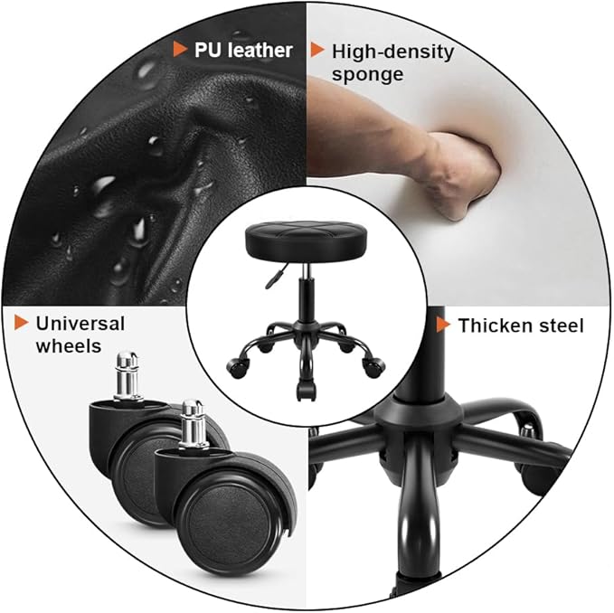 KKTONER Rolling Stool Chair PU Leather Height Adjustable Round Stool with Wheels Chair for Salon Spa Drafting Small (Black)