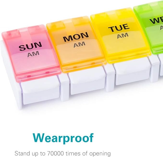 Sukuos AM PM Weekly Pill Organizer 2 Times A Day, Large Daily Pill Box Case 7 Day with Easy Push Button Design, Detachable Medicine Holder for Vitamin/Fish Oil/Supplements (Rainbow)