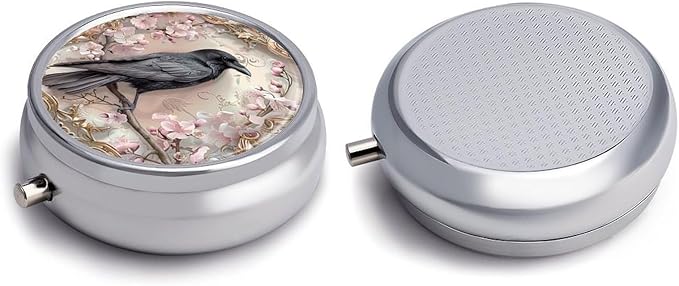 Pill Box-3 Compartment Small Pill Case, Portable Round Pill Box for Pocket or Purse, Decorative Metal Medicine Vitamin Organizer. (Bird)
